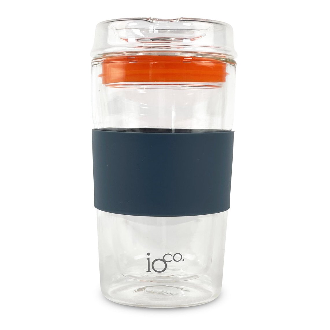IOco 12oz Glass Coffee Traveller Cup - Midnight Blue with Kumquat Orange Seal.