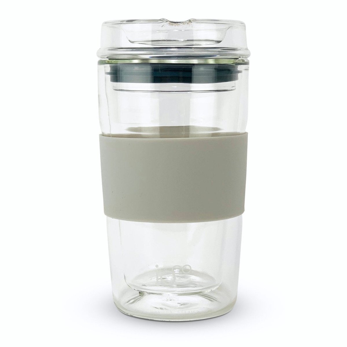 IOco 12oz Glass Coffee Traveller Cup - Warm Latte with Midnight Blue Seal.
