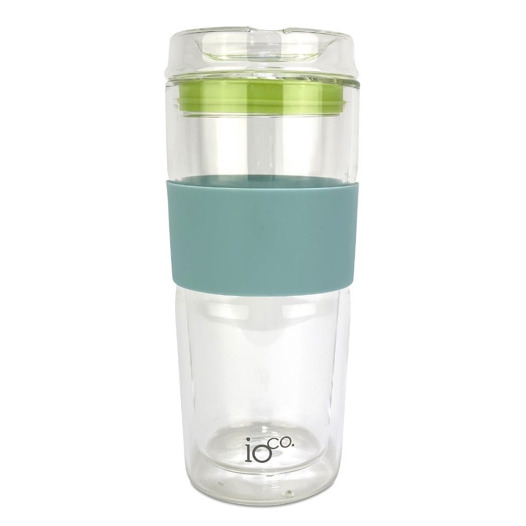 IOco 16oz Glass Coffee Traveller Cup - Ocean Blue with Apple Green Seal.