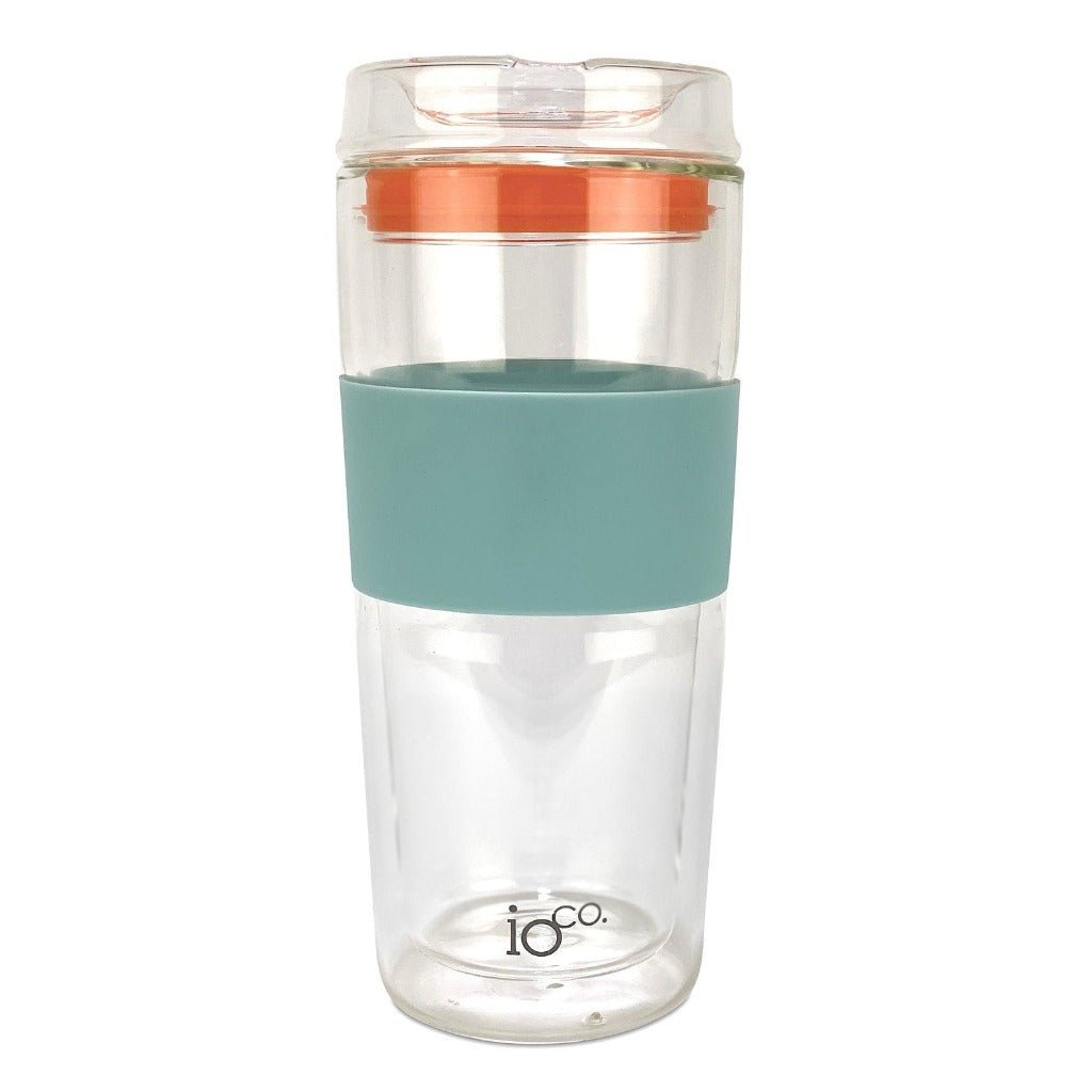 IOco 16oz Glass Coffee Traveller Cup - Ocean Blue with Kumquat Orange Seal.