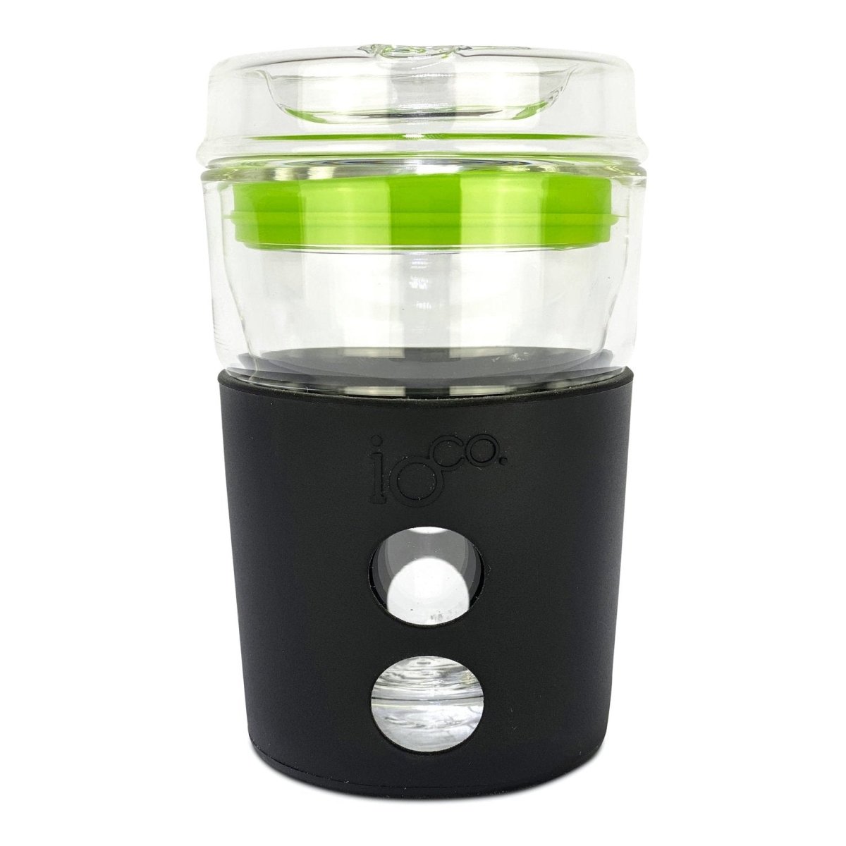 IOco 8oz Reusable Glass Coffee Cup - Black Night with Apple Green Seal.