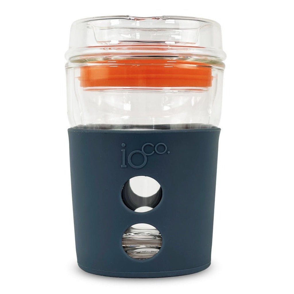 IOco 8oz Reusable Glass Coffee Cup - Demin with Kumquat Orange Seal
