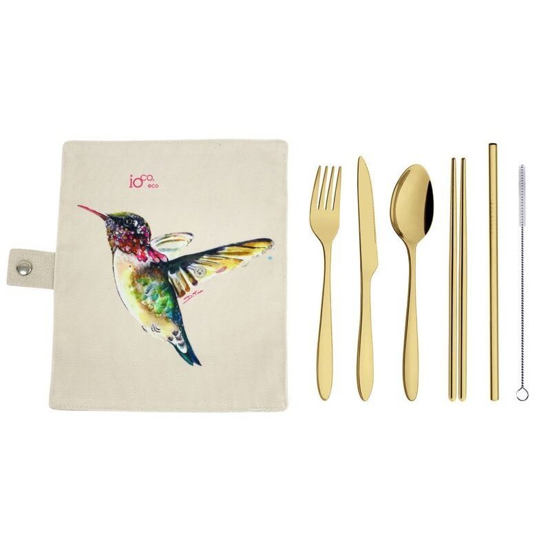 IOco Gold Metal Travel Cutlery Set in Cotton Wrap Featuring the Hummingbird Print by Artist Dani Till