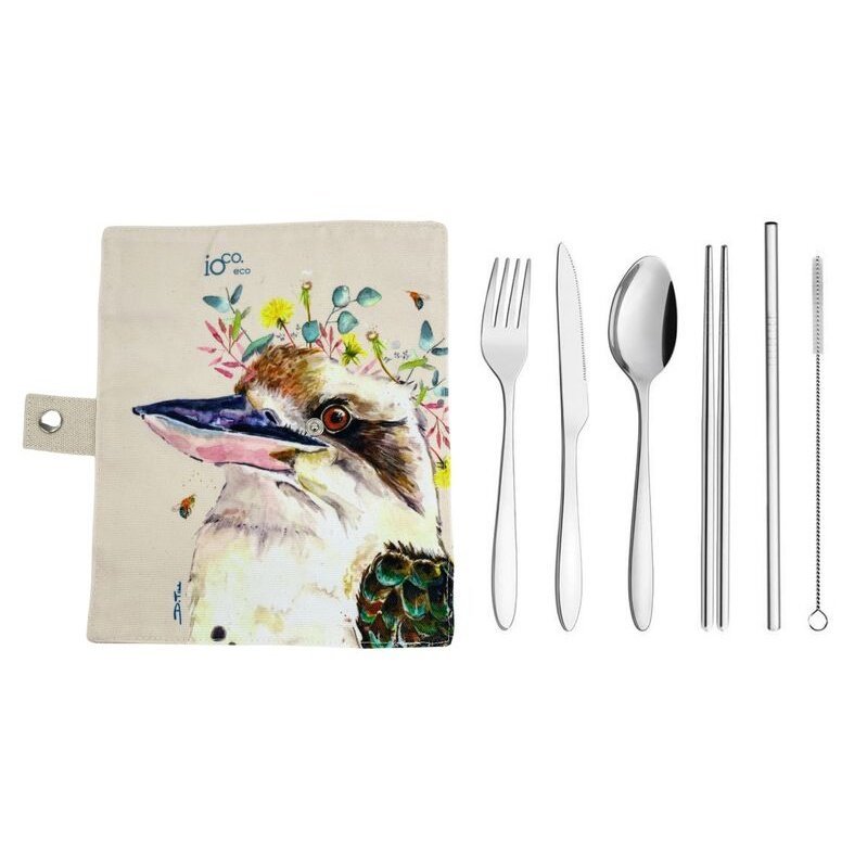 IOco Silver Metal Travel Cutlery Set in Cotton Wrap Featuring the Kookaburra Print by Artist Dani Till