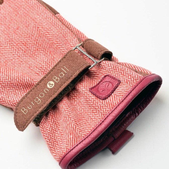 Leather and Suede Detail on Red Tweed Gardening Gloves from Burgon &amp; Ball