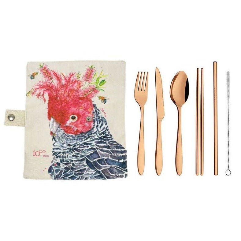 IOco Rose Gold Metal Travel Cutlery Set in Cotton Wrap Featuring the Gang-gang Cockatoo Print by Artist Dani Till