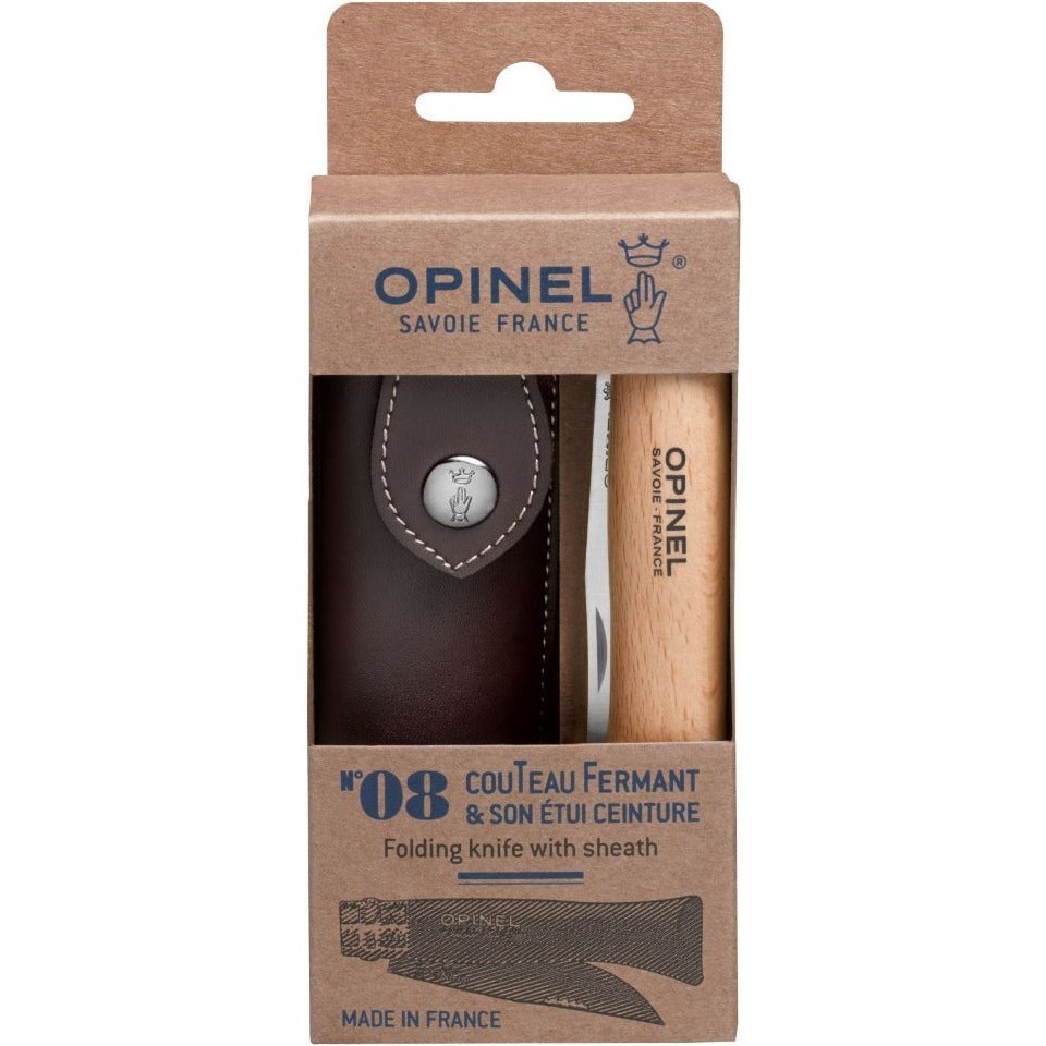 Multipurpose Opinel No 8 Stainless Steel Folding Knife With Leather Pouch and Carabiner