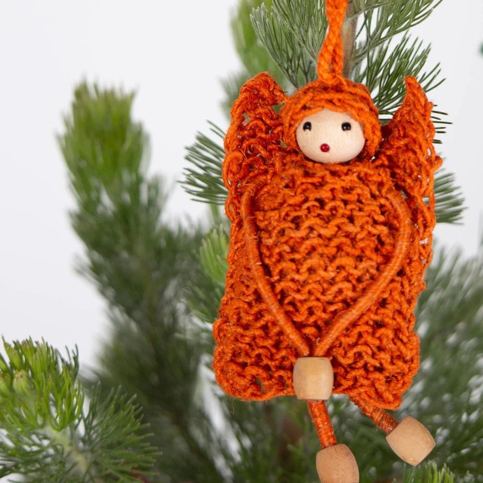 Hand Knitted Orange Christmas Hemp Angel from Fair Go Trading, Urban Revolution.
