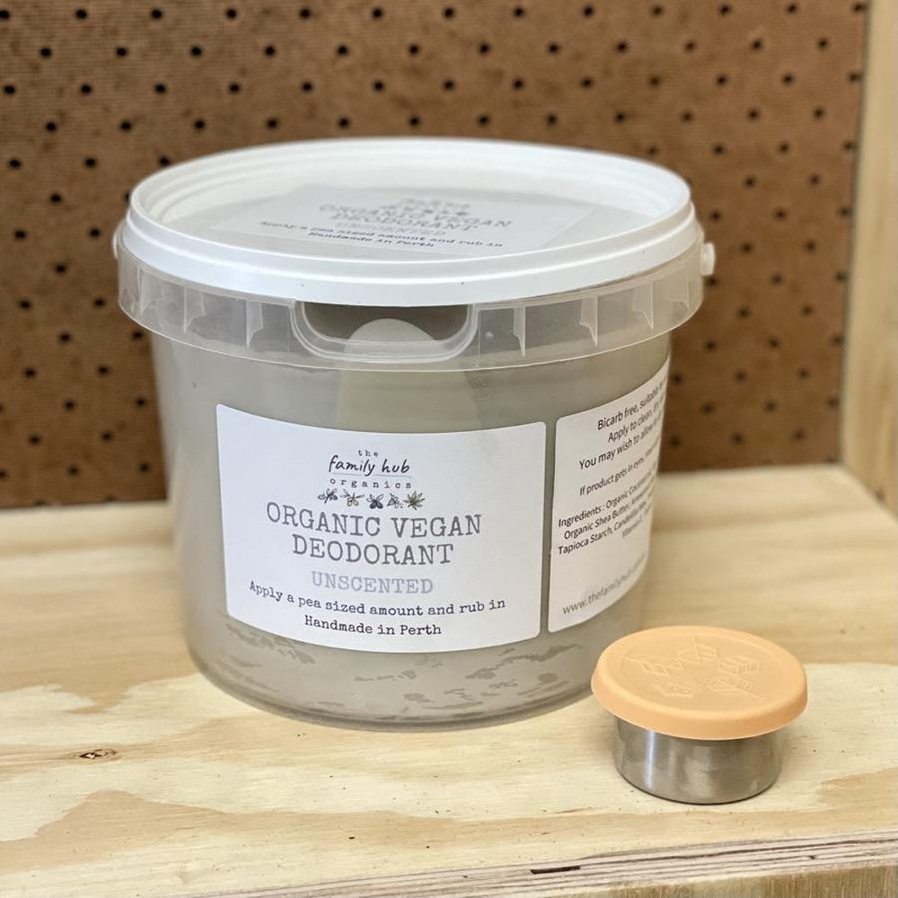 Organic vegan deodorant in bulk container with small metal pot