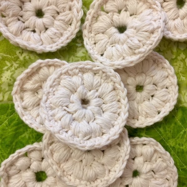 Handmade Crochet Organic Cotton Face Rounds. Colour white.