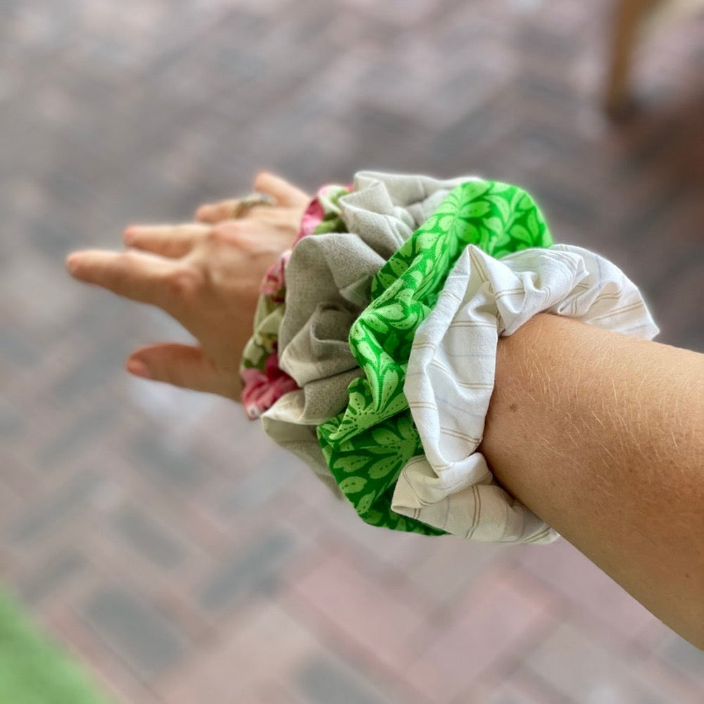 PaulaW upcycled scrunchies on wrist in assorted colours