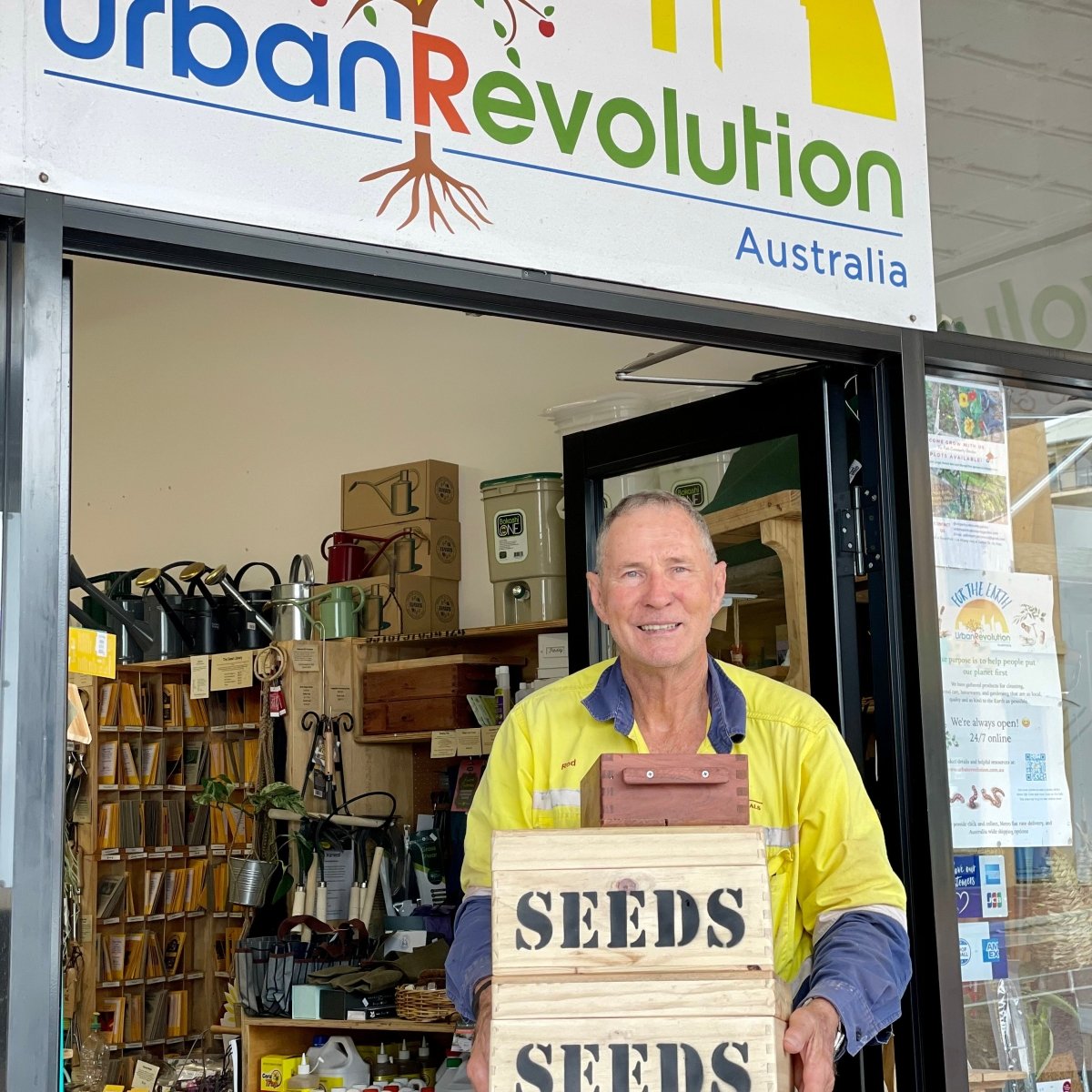 Rod from Vic Park Mens Shed delivering seed boxes
