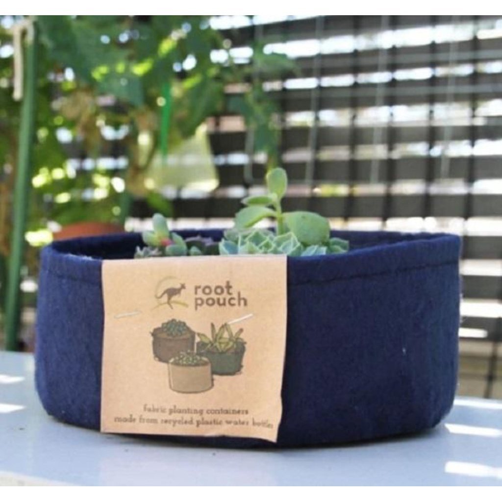 Jill Recycled Plastic Root Pouch Plant Pot in Navy, Planted with Succulents