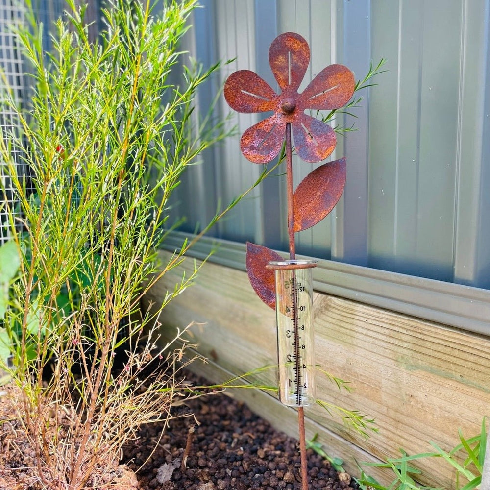 Rust Look Flower Rain Gauge in Garden