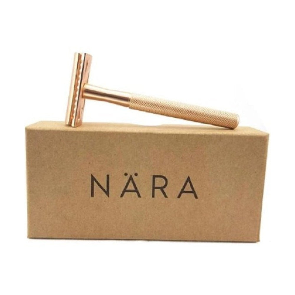 NARA Safety Razor in Matte Gold, on Packaging