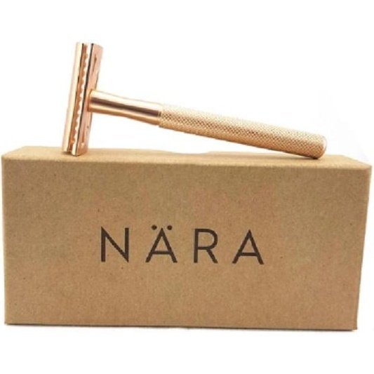 NARA Safety Razor in Matte Gold, on Packaging