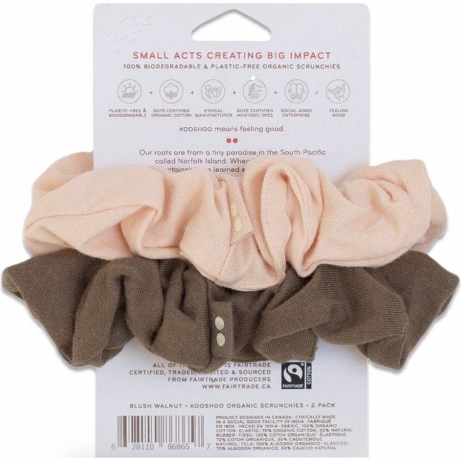 Reverse Side of Label for Organic Cotton Scrunchies from KOOSHOO, in Blush Pink and Walnut Brown