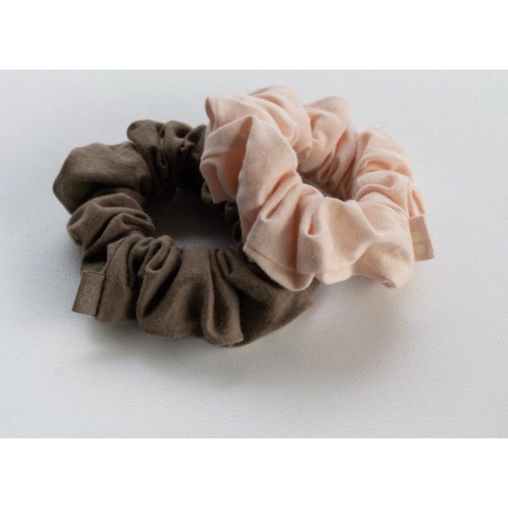 Organic Cotton Scrunchies from KOOSHOO, in Blush Pink and Walnut Brown, Without Packaging