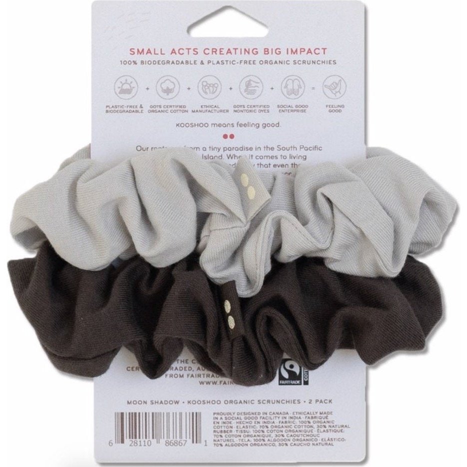 Reverse Side of Packaging for Organic Cotton Scrunchies from KOOSHOO, in Moon Grey and Shadow Black