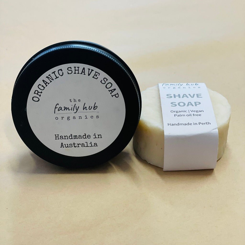 The Family Hub Organic Shaving Bar Unpackaged and in Tin