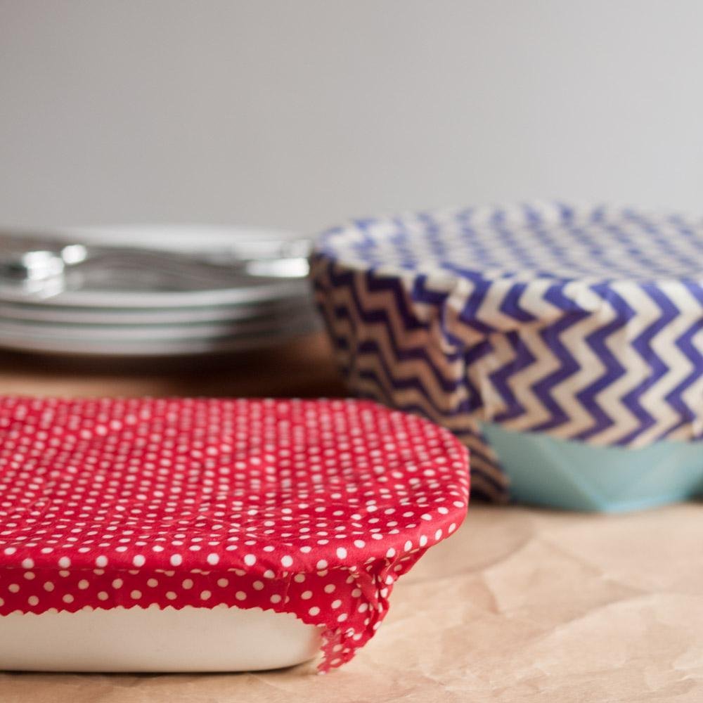 Showing Beeswax Food Wraps Being Used to Cover Bowls and Dishes
