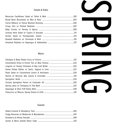 Contents page for Spring recipes from Seasoned by Casey Lister