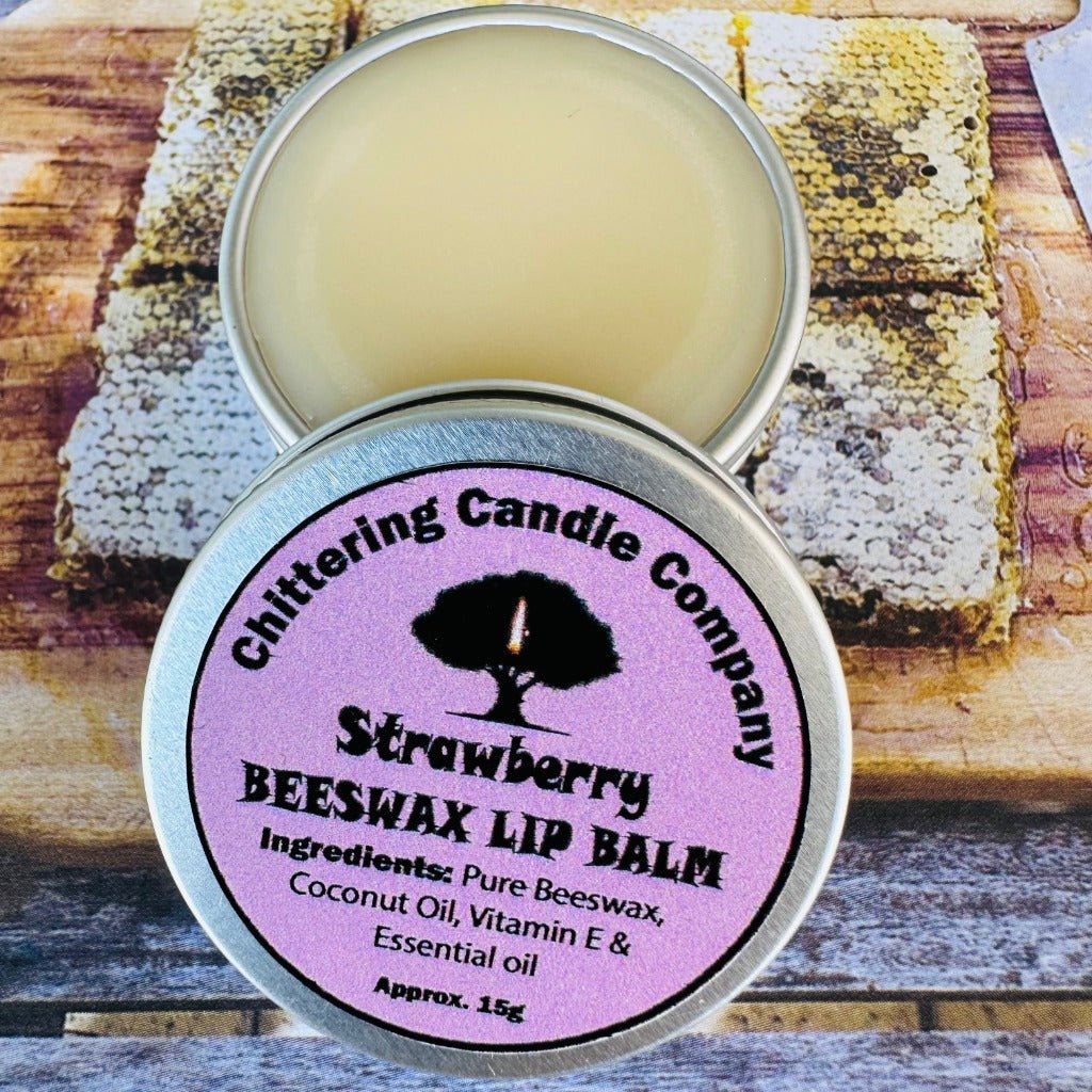 Strawberry Lip Balm with Lid Off - Chittering Candle Co.