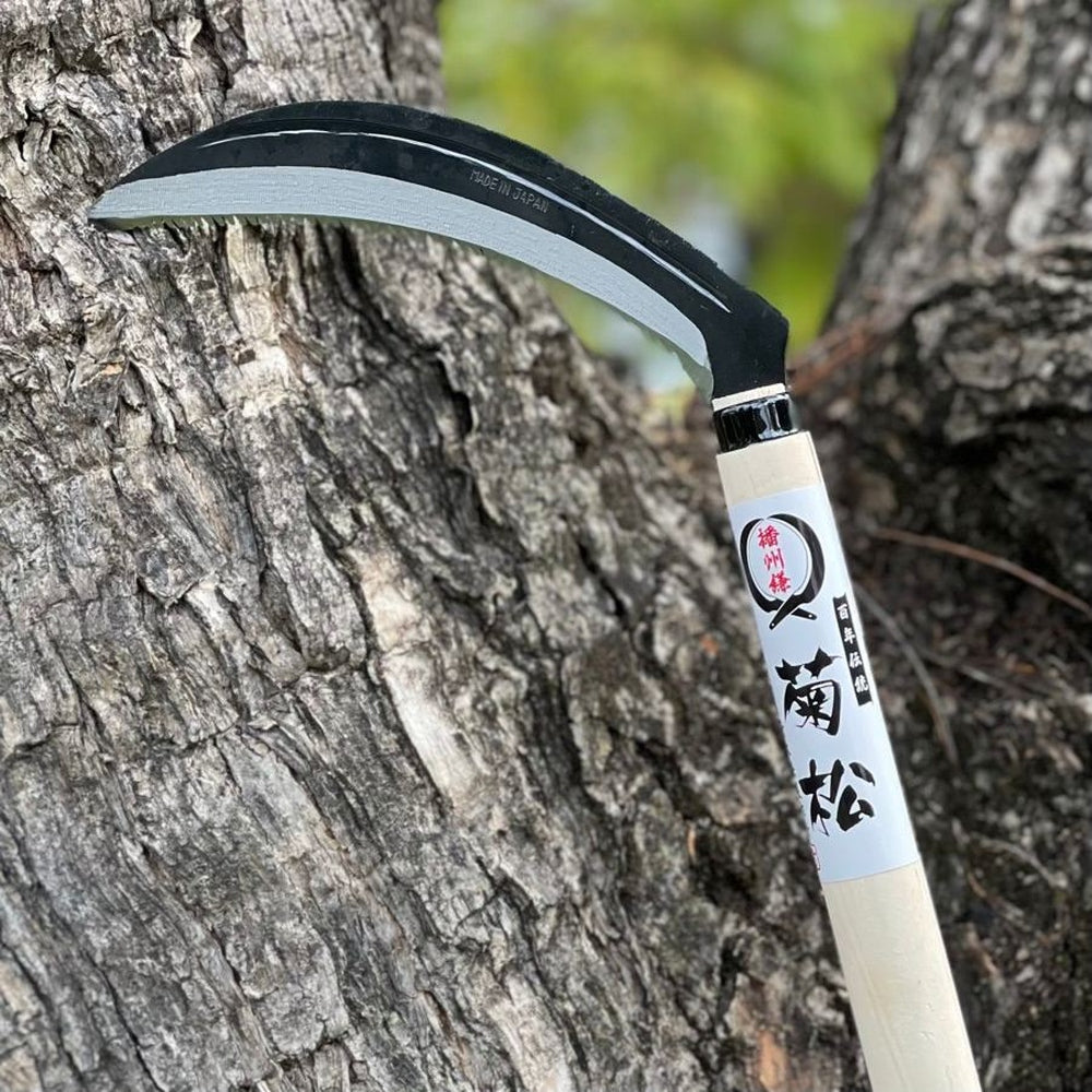 Takemoto Back Side Serrated Grass Sickle by Tree.