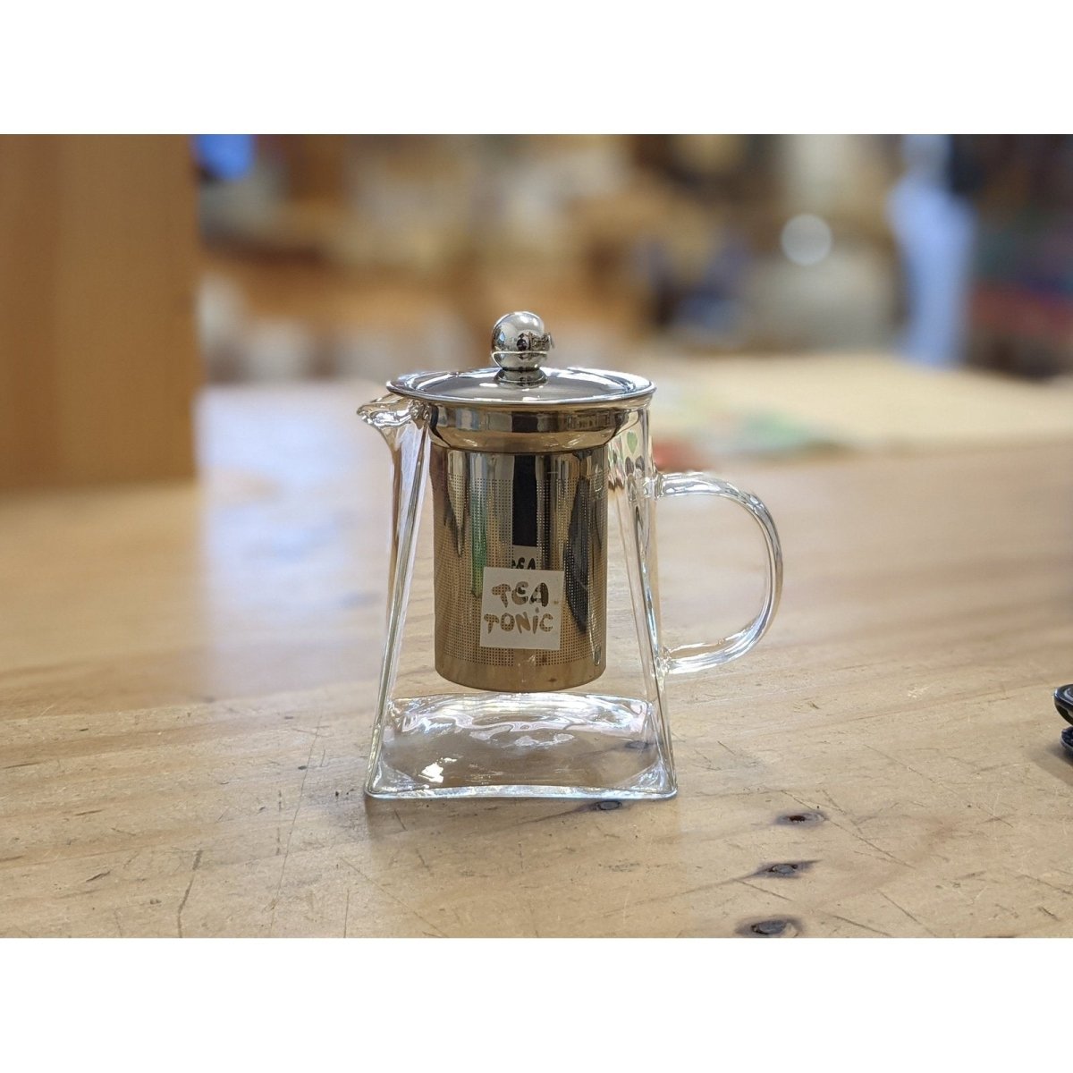 Tea Tonic glass teapot with fine stainless steel infuser. Two cup glass tea pot, waste free, plastic free, 400mL, front view.