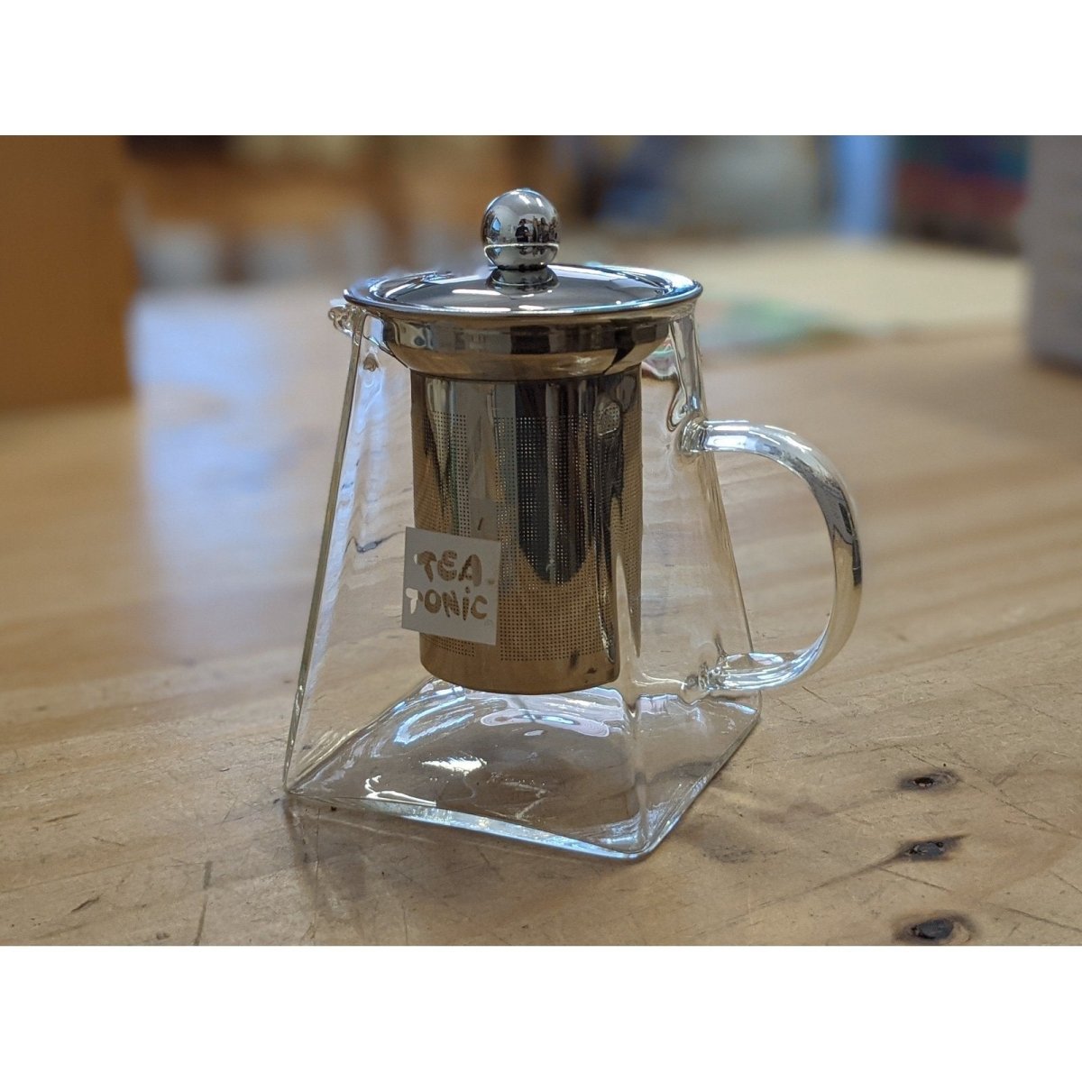 Tea Tonic glass teapot with fine stainless steel infuser. Two cup glass tea pot, waste free, plastic free, 400mL, side view