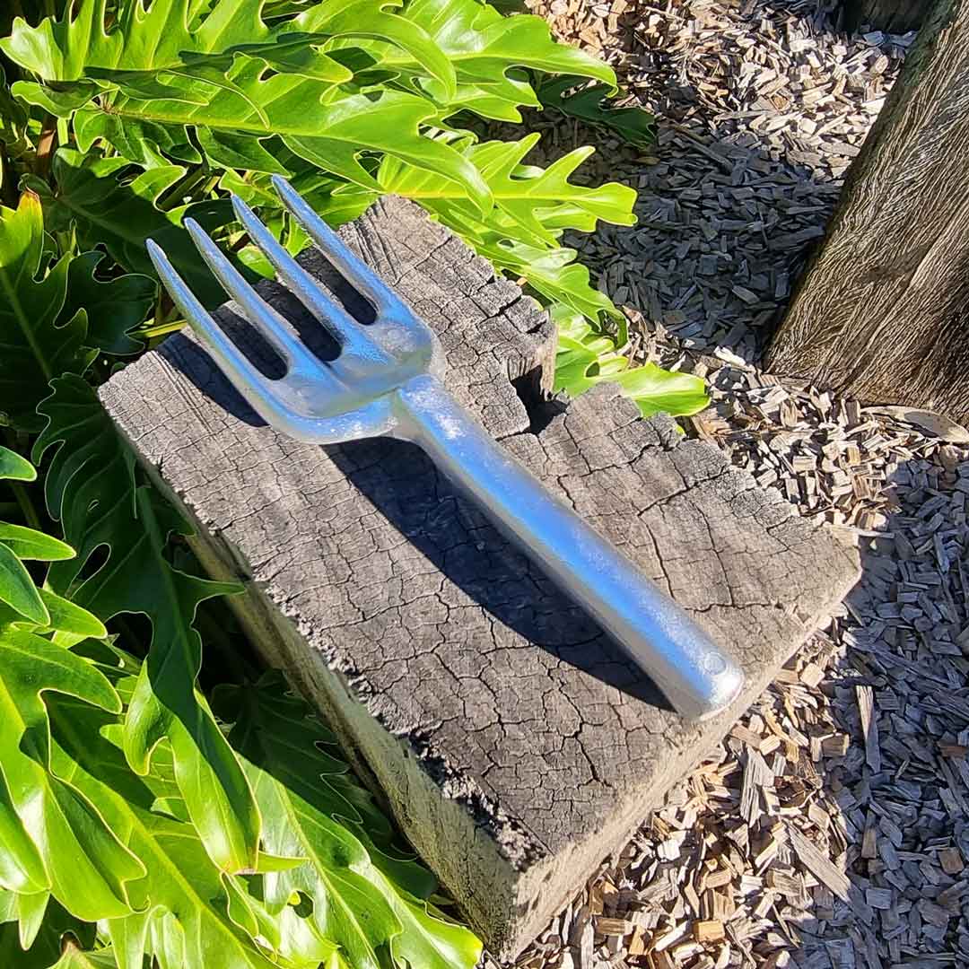 Australian Made Solid Aluminium Garden Fork on Block of Wood, Urban Revolution.