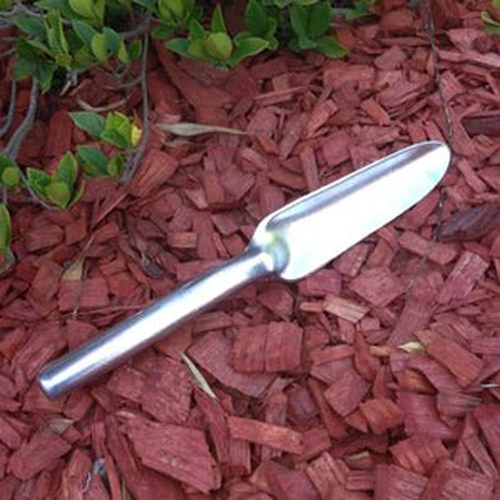 Australian Made Solid Aluminium Narrow Garden Trowel on Mulch, Urban Revolution.