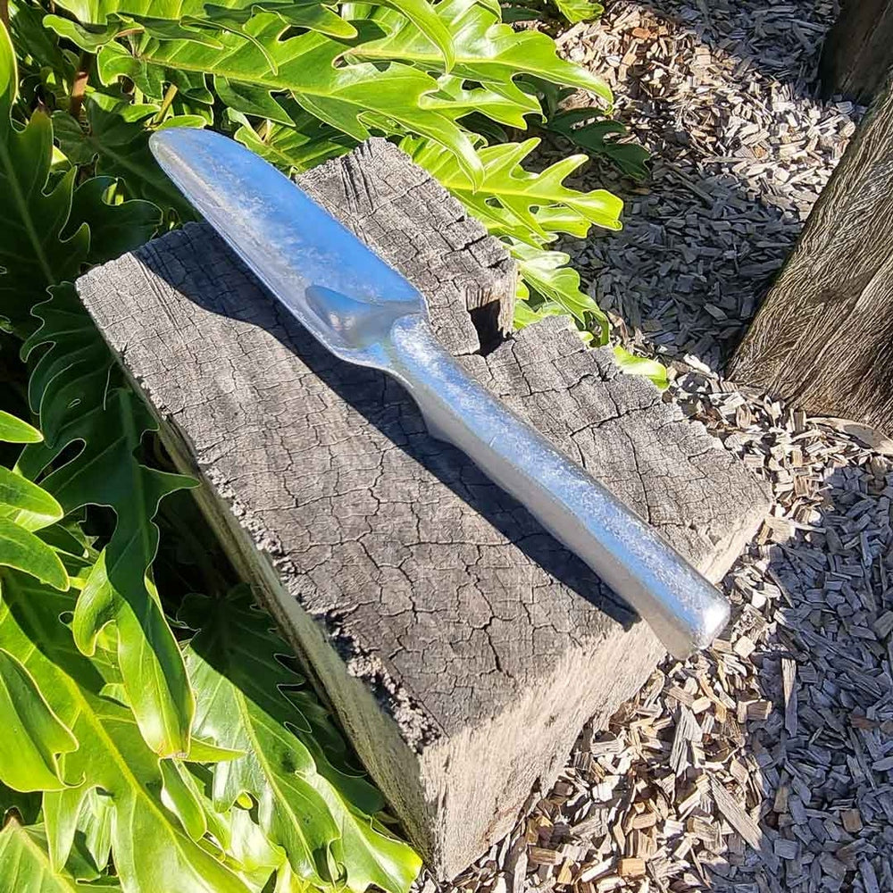 Australian Made Solid Aluminium Narrow Garden Trowel on Block of Wood, Urban Revolution.