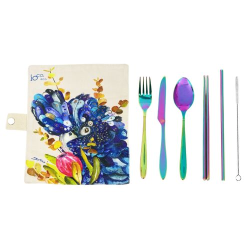 IOco Rainbow Metal Travel Cutlery Set in Cotton Wrap Featuring the Red Tailed Cockatoo Print by Artist Dani Till