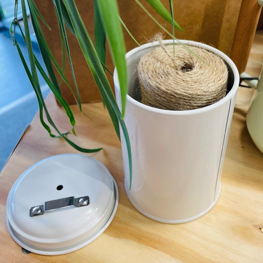 Ryset Jute Twine in a White Tin with Cutter in Lid