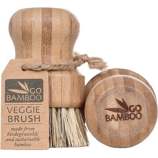 Go Bamboo Veggie Brush with Bass Fibre Bristles, Showing Brushes, Logo and Tag