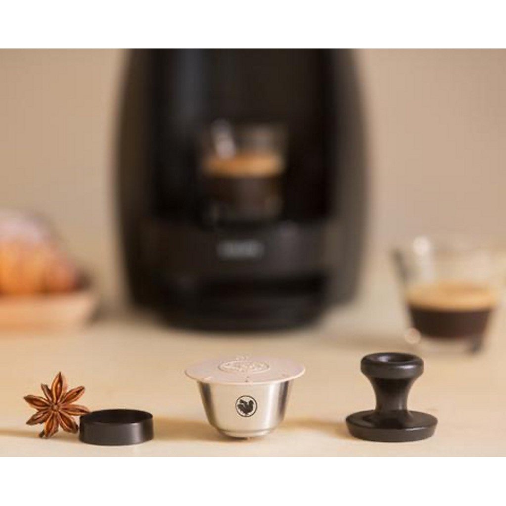 Close View of WayCap for Dolce Gusto Stainless Steel Reusable Capsule with Tamper and Dock