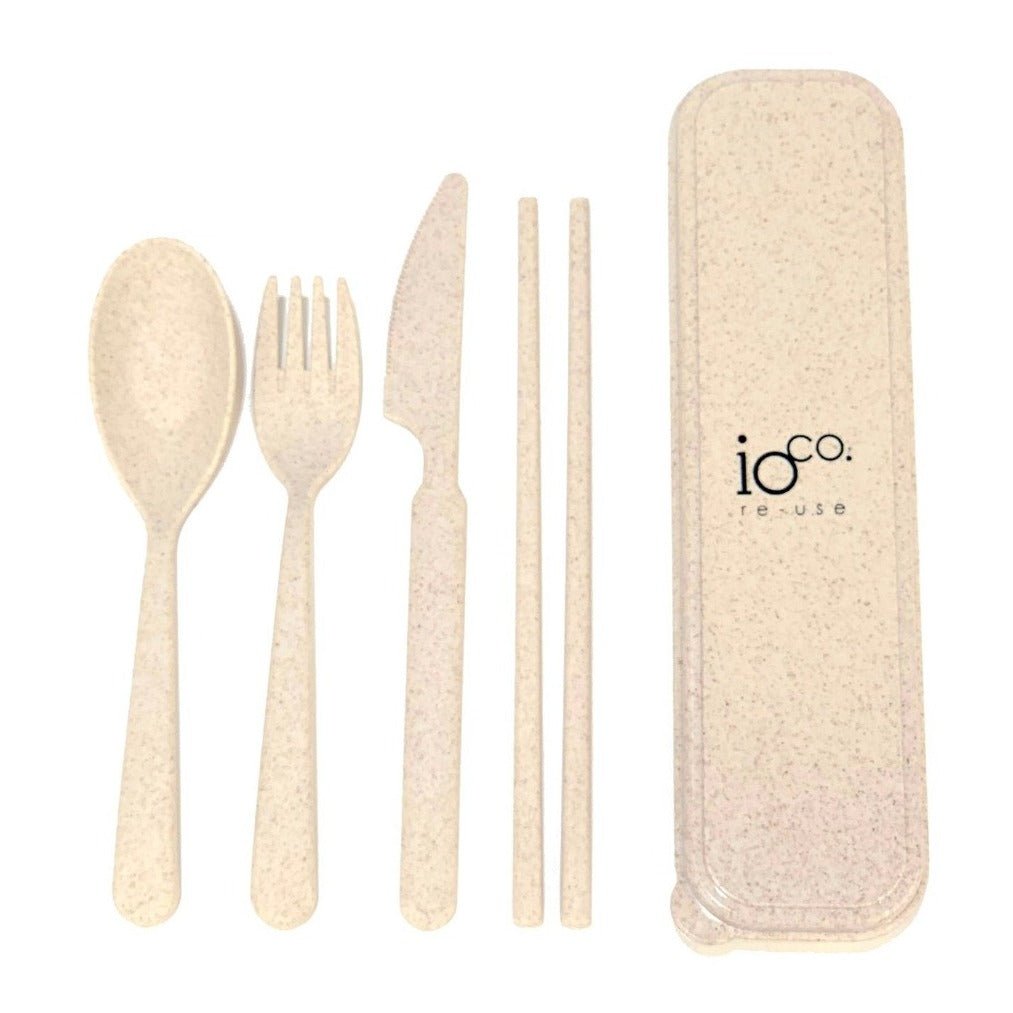 Wheat Straw Travel Cutlery Set with Spoon, Fork, Knife, Chopsticks and Carry Case.