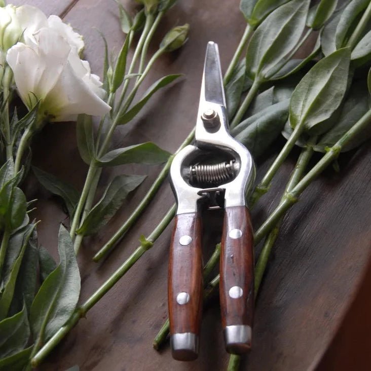 Flower Snips with Stainless Steel Blade and Red Wood Handles with Flowers