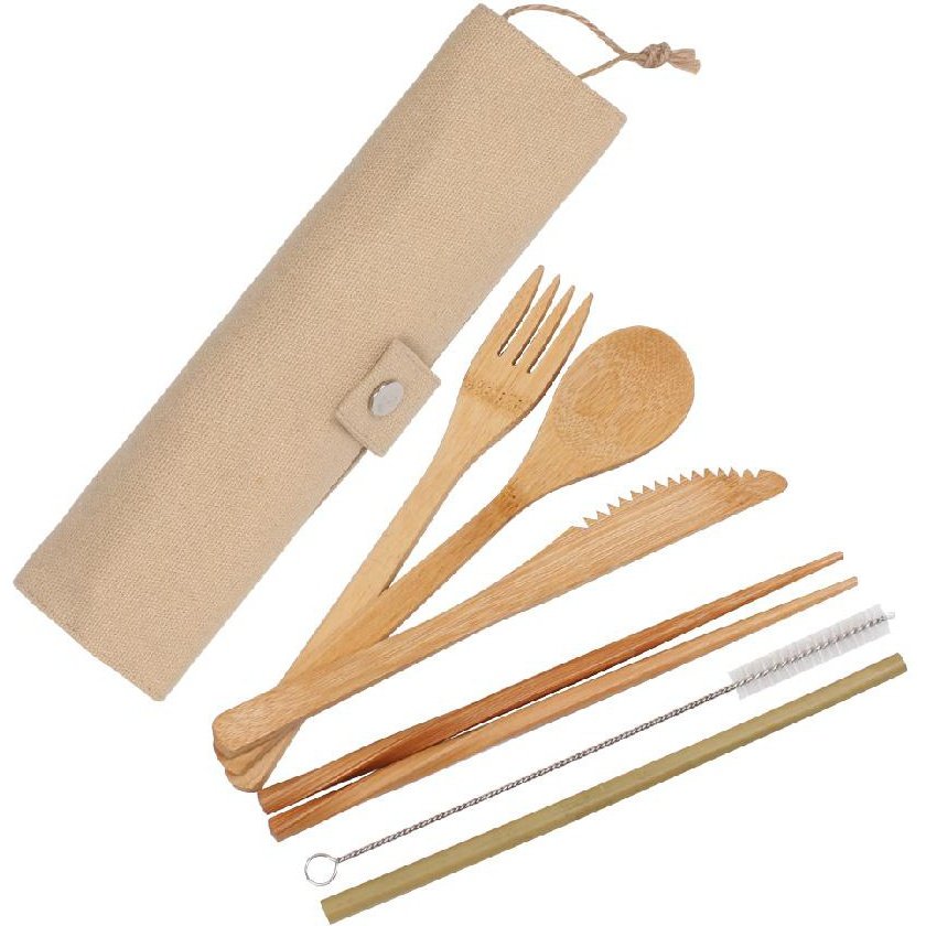 Bamboo Cutlery Set out of roll up cloth container