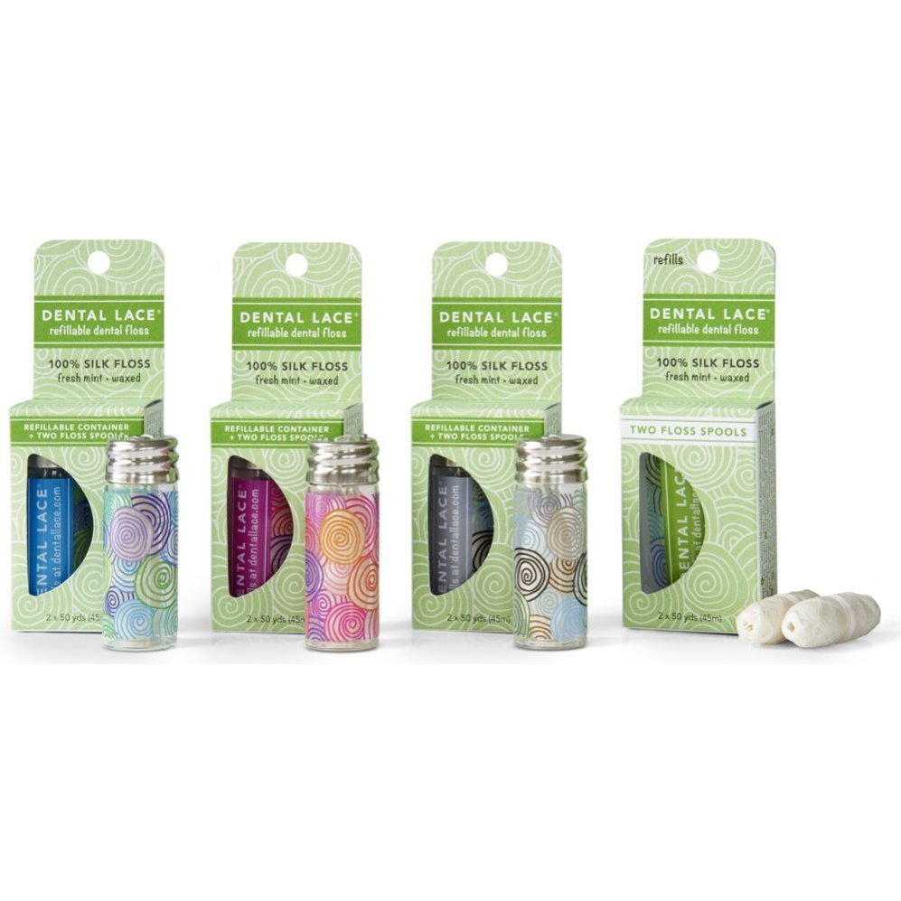 Dental Lace Refillable 100% Silk Floss in Three Canister Designs with Refill Spools and Packaging