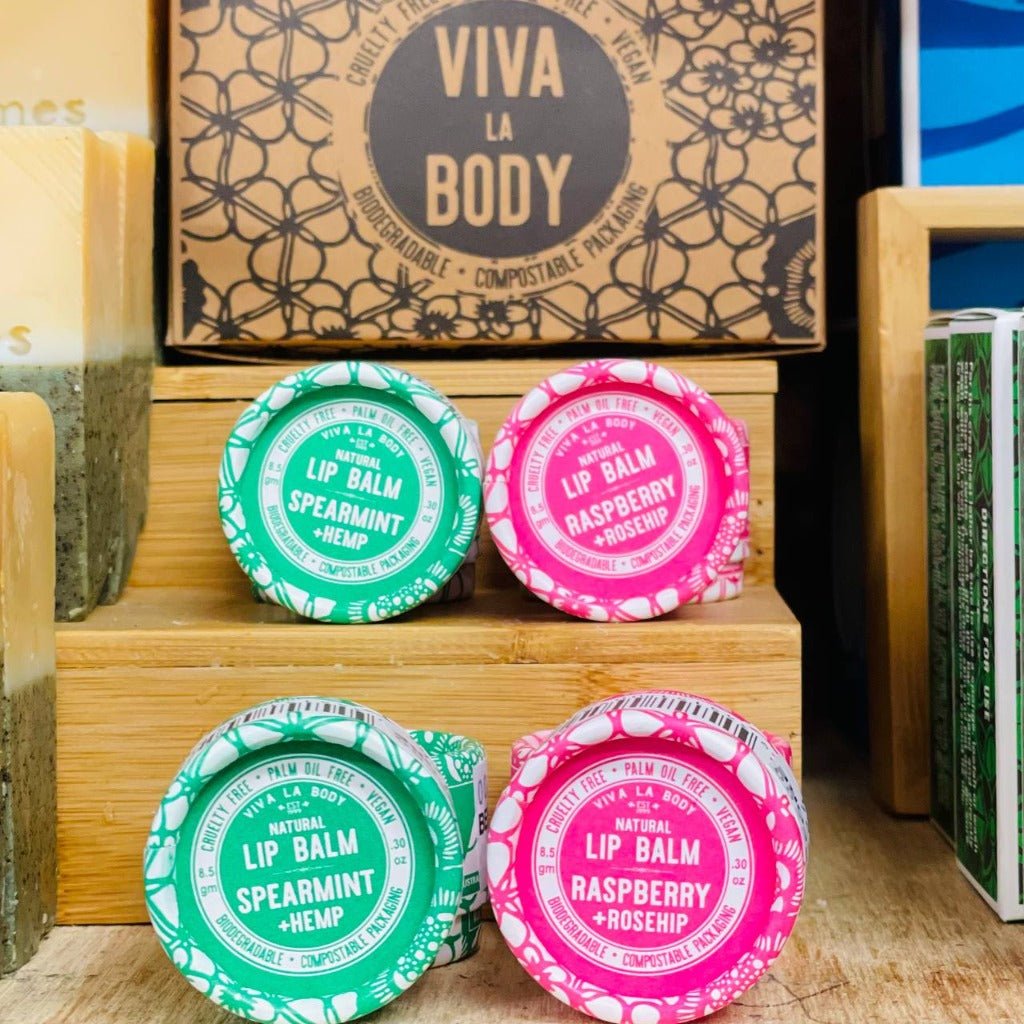 Two Varieties of Viva La Body Natural Lip Balm on Shelf