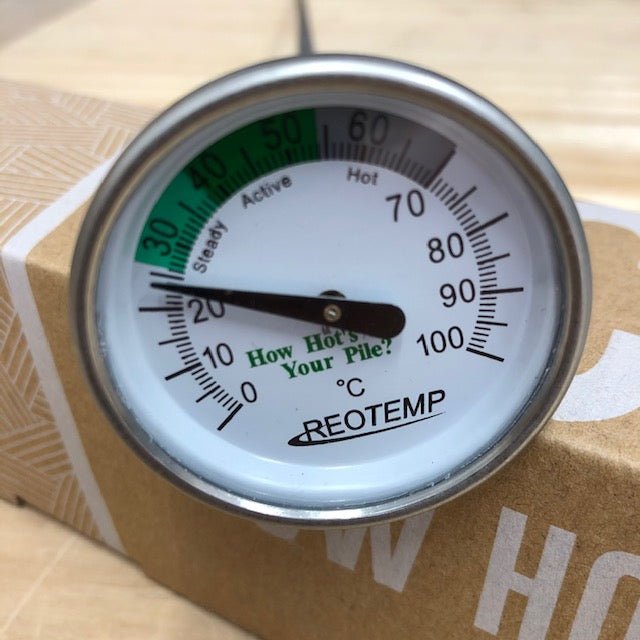Close view of compost thermometer resting on box