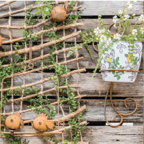 twig trellis on fence with pot and plants